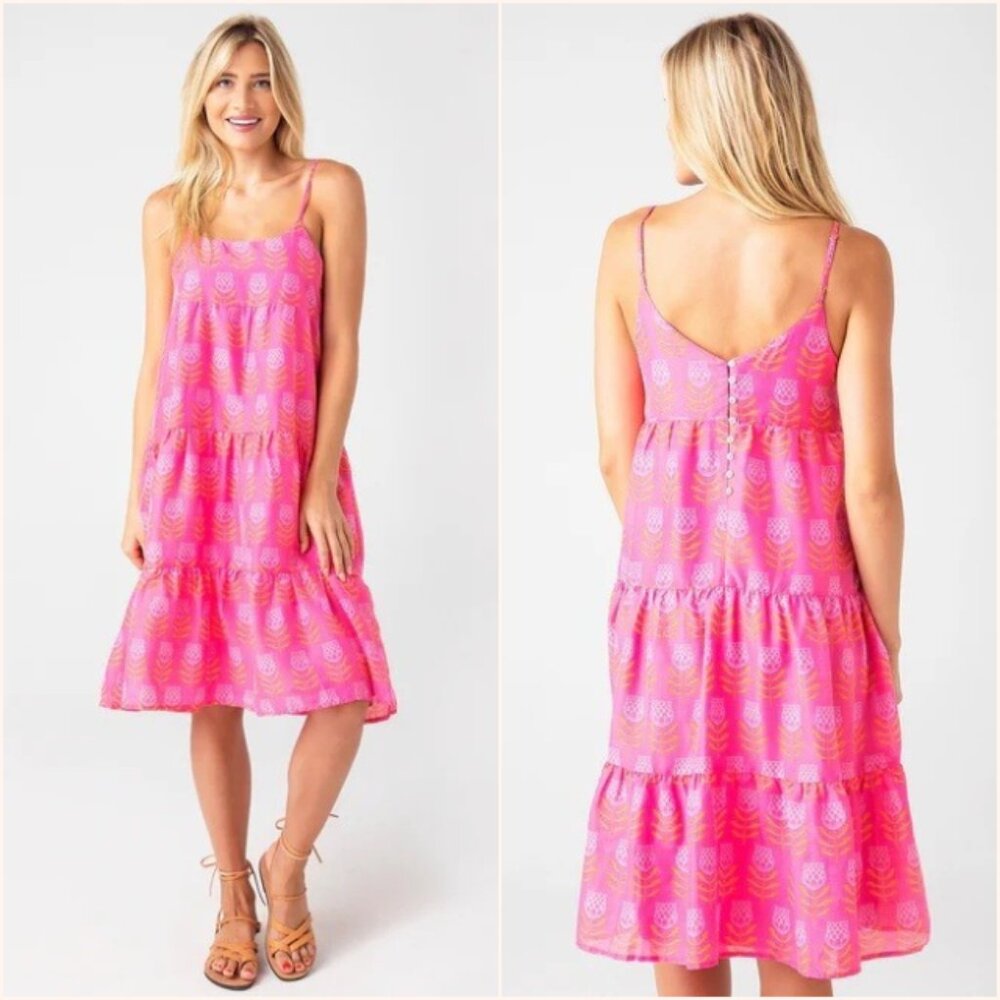 J.Marie Maeve Tiered Sleeveless Midi Dress Pink Orange Mod Floral Small
